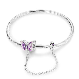 Bracelet à breloque papillon violet avec chaînette de sécurité